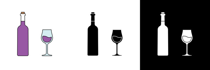 A wine bottle and glass illustration representing celebration, elegance, and fine dining. Presented in purple, black, and white variations for event or hospitality designs.