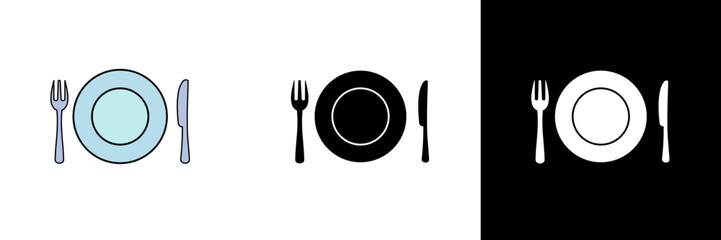A dining set icon featuring a plate, fork, and knife, symbolizing meals, restaurants, and dining etiquette. Includes colored, black, and white styles for culinary themes.