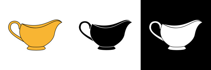 A gravy boat icon representing sauce or dressing, perfect for holiday meals or dining themes. Shown in gold, black, and white versions for flexible use in food-related designs.