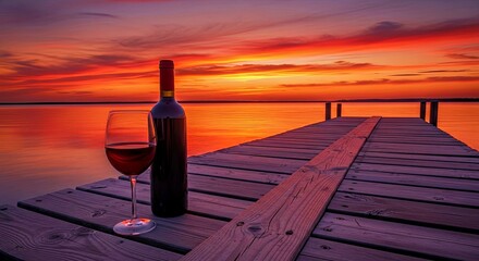 Romantic Sunset Wine: Red Wine Bottle and Glass on Wooden Dock
