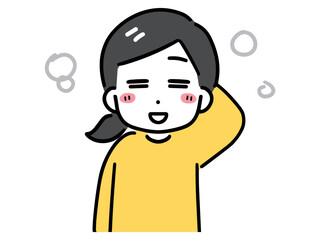 笑顔で少し照れている私服の若い女性(上半身・正面)	