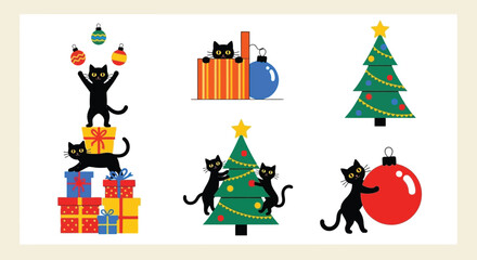 Festive Black Cats Celebrating Christmas with Colorful Decorations and Gift Boxes for Holiday Cheer