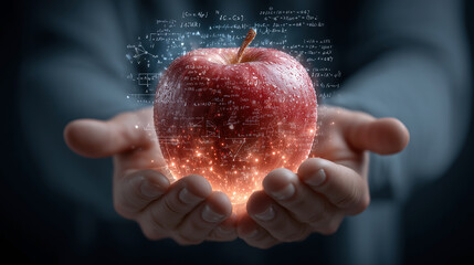 Hands holding glowing apple with floating mathematical formulas, modern Newton science concept
