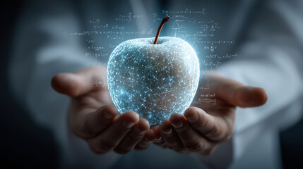 Glowing apple held by hands with floating physics formulas, futuristic Newton inspiration concept