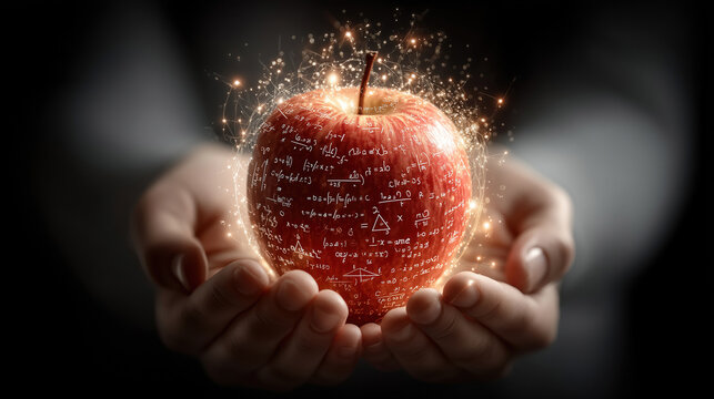 Hands offering a glowing apple surrounded by equations, symbolic modern tribute to Newton?s science