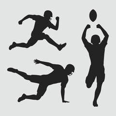 Dynamic silhouettes of american football players in action poses on a plain background