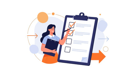 Woman Reviews Checklist, Completing Tasks, Achieving Goals, Planning Effectively