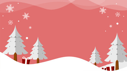 Christmas Winter Landscape with White Trees and Red Background