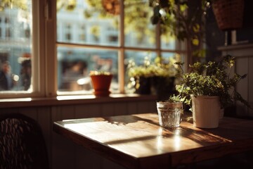 Fototapeta premium photo of cozy café table by window with potted plants and sunlight glow, calm peaceful tone 