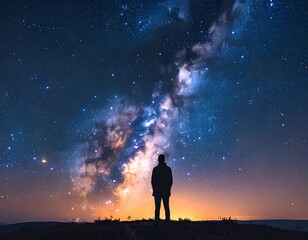 Silhouette of a person looking at the starry night sky