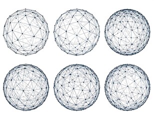 Six connected sphere models display node-link data, representing complex networks