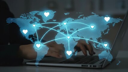 Woman uses laptop with digital world map overlay, hearts connecting global points, illustrating an expanding network of Christian outreach footage.