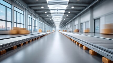 Obraz premium Spacious Industrial Warehouse Interior With Automated Conveyor Systems And Stacked Cardboard Boxes Under Natural Light During Daytime With Large Windows Reflecting Cityscape Outside