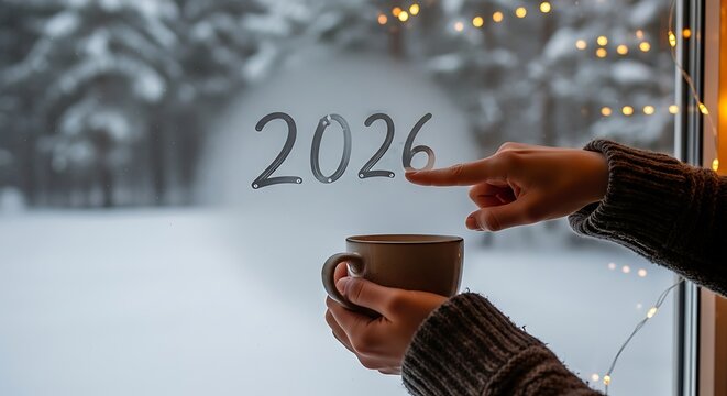 Winter Morning 2026 Window View Hand Holding Cup Snowfall Outdoors Garland Lights