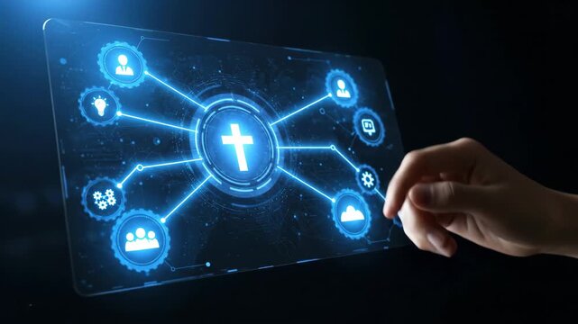 Woman tapping on a glowing cross icon on a holographic screen, connecting faith and technology in a digital network footage