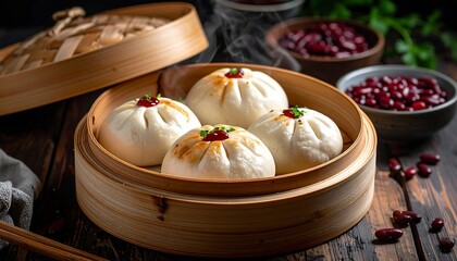 Steaming buns in a bamboo steamer, red beans, greenery on a wooden table