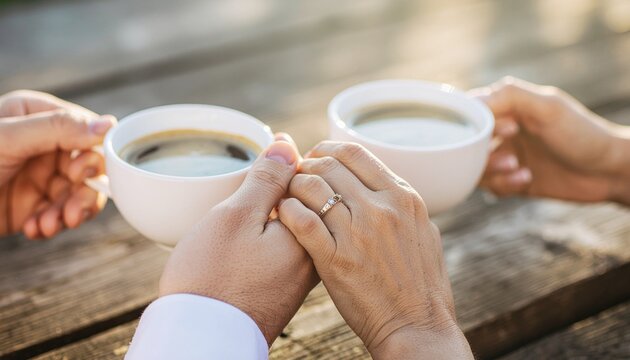 Macro close-up of couple’s hands wearing wedding rings while holding coffee cups. Soft daylight, love, intimacy, and connection expressed in minimalist realism.