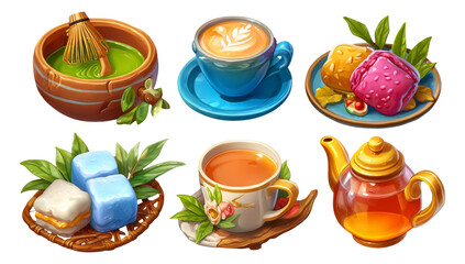Colorful Illustration of Tea and Treats with Teapot, Sweets, and Matcha Bowl
