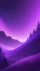 Stylized purple landscape featuring mountains, trees, and glowing sky