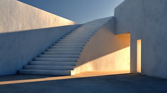 Off-white concrete wall and steps illuminated by warm sunlight creating subtle shadow gradients, minimal architecture with clean balance and natural tone, perfect blank background for modern layout.
