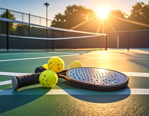 Tennis court with equipment basked in golden sunlight