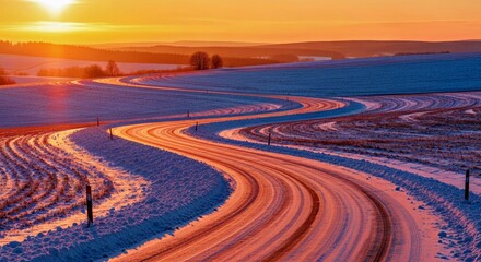 Fototapeta premium Scenic Snowy Winding Country Road at Warm Sunset