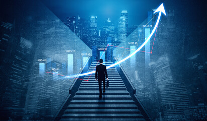 A businessman climbs stairs surrounded by a glowing financial chart against a night city backdrop,...