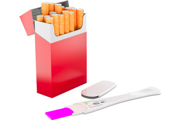 Smoking During Pregnancy, concept. Pack of Cigarettes with pregnancy test positive, transparent background