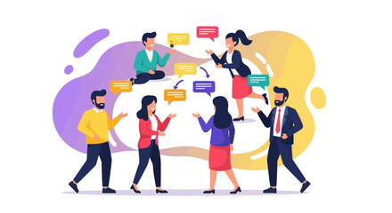 Naklejka premium People Communicating, Discussing, and Sharing Ideas in a Colorful, Modern Illustration