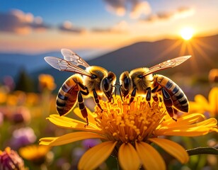 Two bees on a bright yellow flower, sunset behind mountains