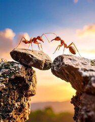 Two ants on rocks, touching antennae, against a sunset sky