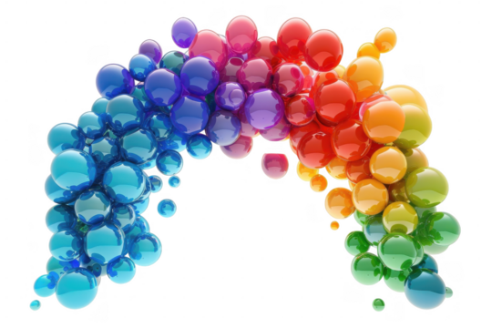Arch of colorful shiny spheres on transparent background