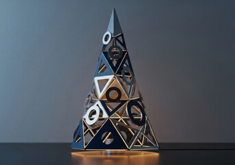 Modern Christmas tree decoration with abstract geometric shapes in green, a contemporary design concept for the holiday season.