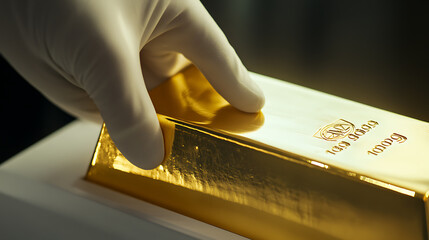 Gloved hand touches a shiny gold bullion bar, symbolising wealth, security, and investment. The gold reflects light, highlighting its purity and value. Close-up shot shows precision.
