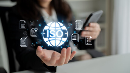 Concept of ISO certification for business quality management. This international standard ensures...
