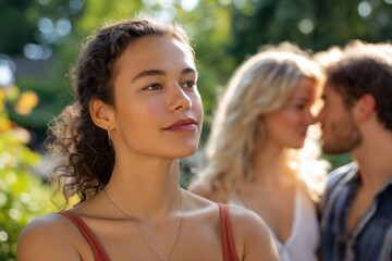 Young hispanic female contemplating outdoors with caucasian couple in background