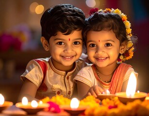 Two smiling children with candles in soft, warm lighting