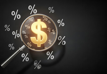 Magnifying glass focusing on gold coin with percentage signs representing finance, profit, interest rate, and investment return