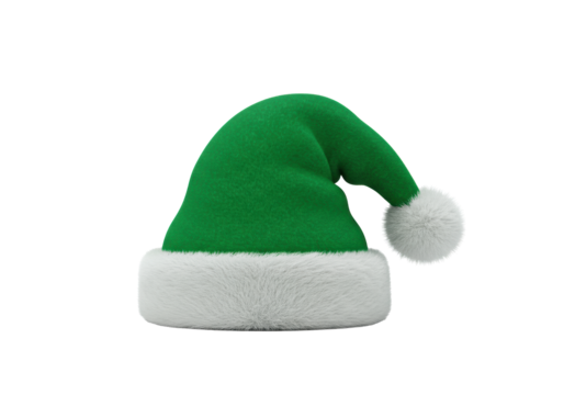 Vibrant emerald green Santa Claus hat with a plush white brim and fluffy pom-pom, rendered in 3D, isolated on a seamless transparent background, Christmas holiday marketing concept