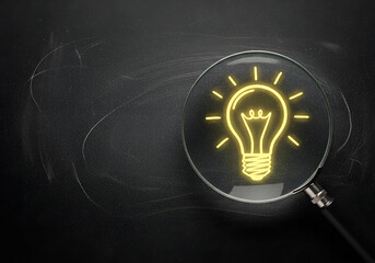 Magnifying glass highlighting glowing light bulb symbolizing creative idea, innovation, inspiration, and new business solution