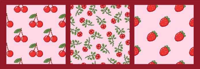 Set of seamless patterns with pixel cherry, strawberry and rose. Hand drawn vector illustration for wrapping paper, textile, fabric.