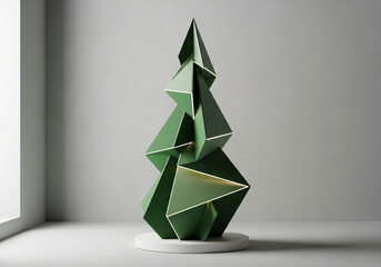 Modern Christmas tree decoration with abstract geometric shapes in green, a contemporary design concept for the holiday season.