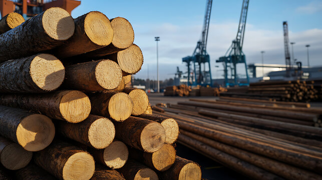 Stack of timber logs at a port ready for export. The wood logs are cut in uniform size. Cranes on the port ready to load cargo. Forest wood in industrial environment.