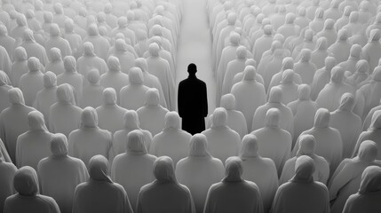 Fototapeta premium Colorful silhouette pf person standing in monochrome crowd of different people,surreal unique and different concept,loneliness in society,shadow,freedom,Love,be yourself,Stand out from the crowd.