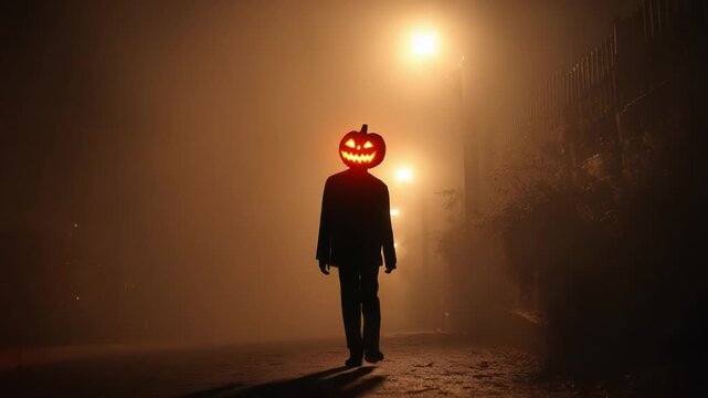 A Mysterious Figure Wearing a Pumpkin Head Strolls Through a Foggy Atmosphere, Illuminated by Dim Street Lights, Evoking a Spooky Halloween Vibe