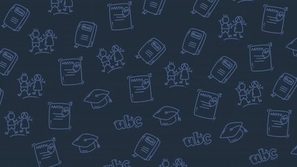A whimsical educate pattern featuring icons of learning, graduation caps, families, and books on a dark blue background, perfect for educational themes