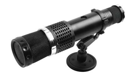 A black microphone on a stand on transparent background