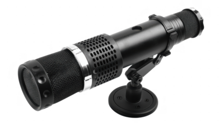 A black microphone on a stand on transparent background