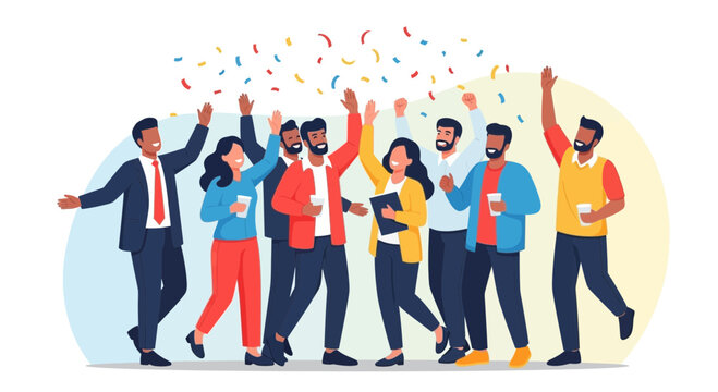 Group Of Excited Professionals Celebrating Success With Colorful Confetti In Air