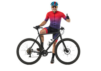 Obraz premium Young caucasian man, early 20s, in vibrant ombre cycling gear, dark sunglasses, riding a sleek black mountain bike, giving a thumbs-up on a transparent background, energetic active lifestyle concept